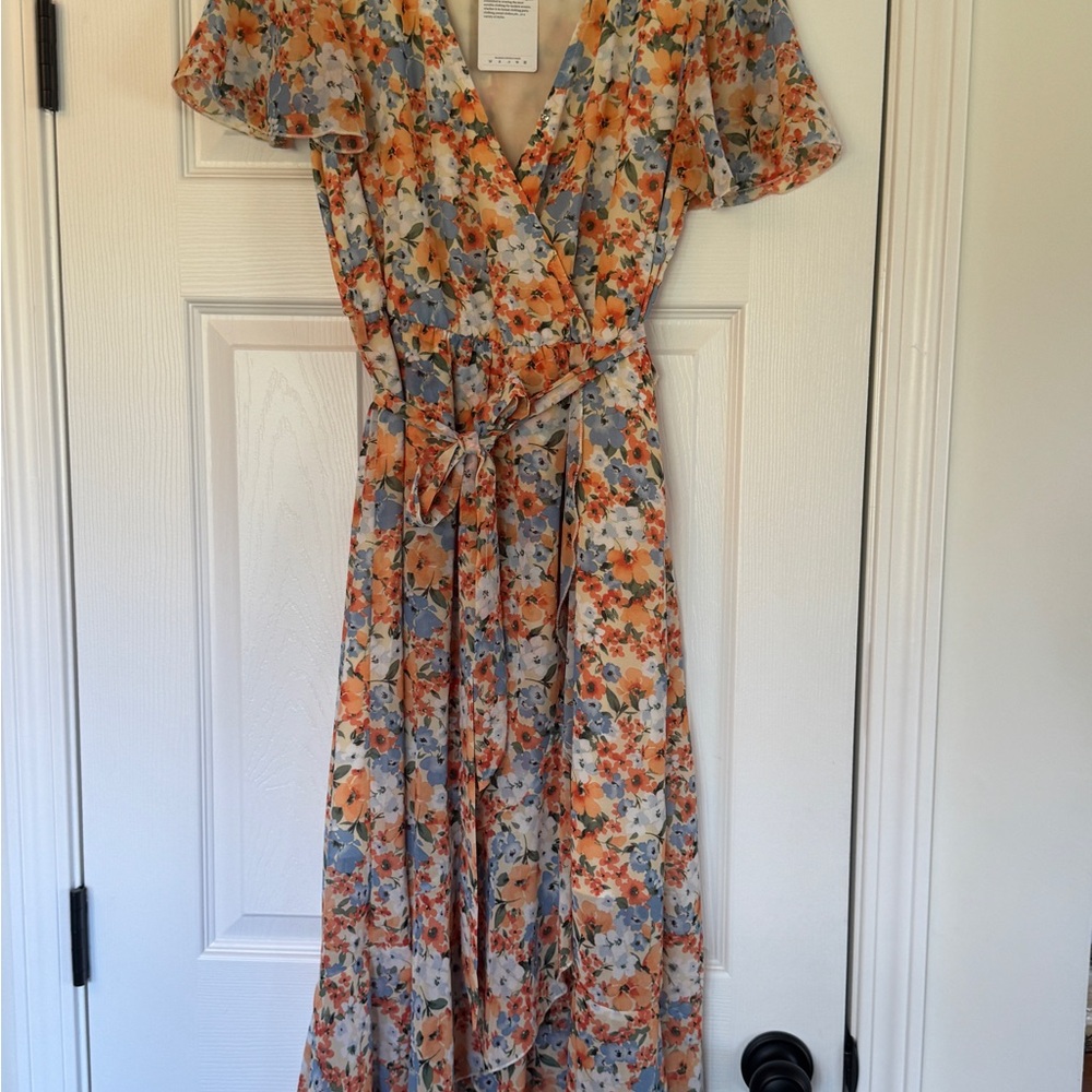 Chic Floral Maxi Dress with Orange and Blue Accents